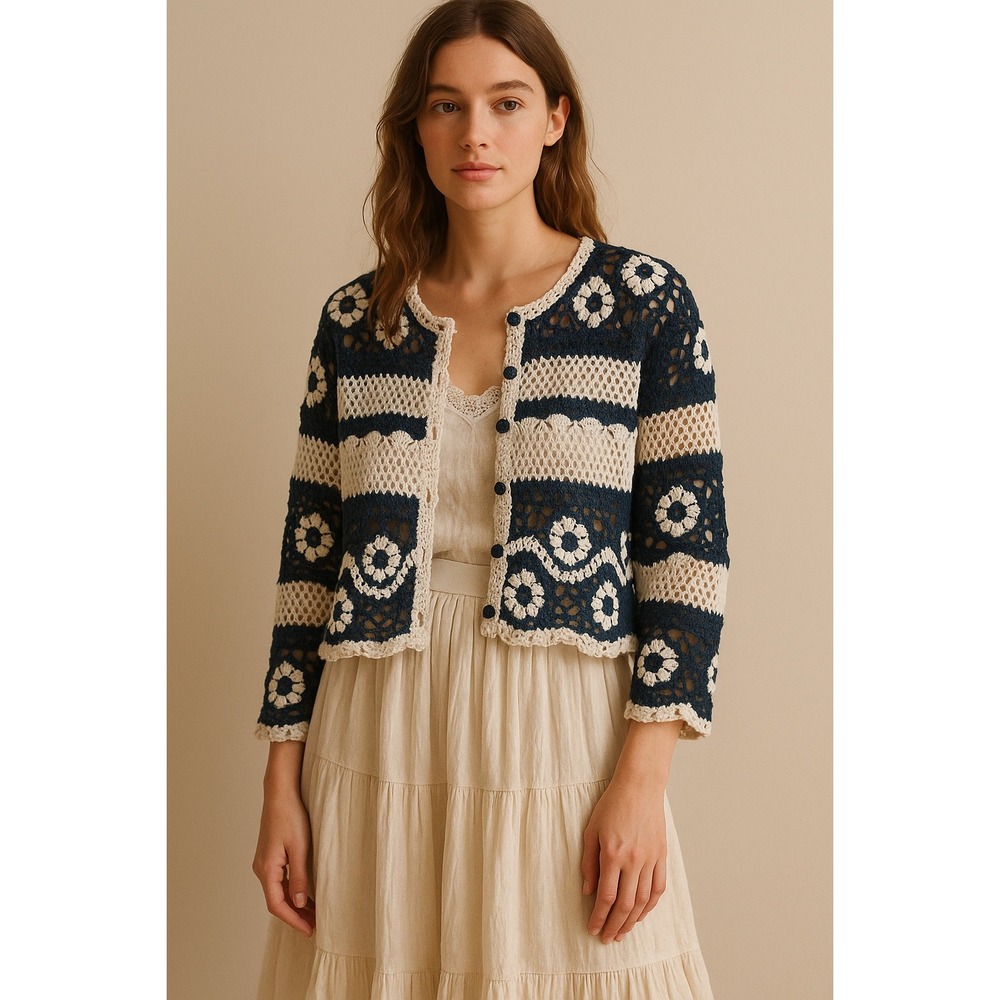 French Romantic Boho Blue White Crochet Cardigan Quiet Luxury Fall Winter‎